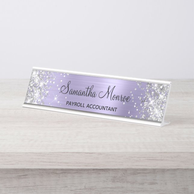 Porte-nom Pour Bureau Paillettes Argent Lavande Pâle Feuille (Devant)
