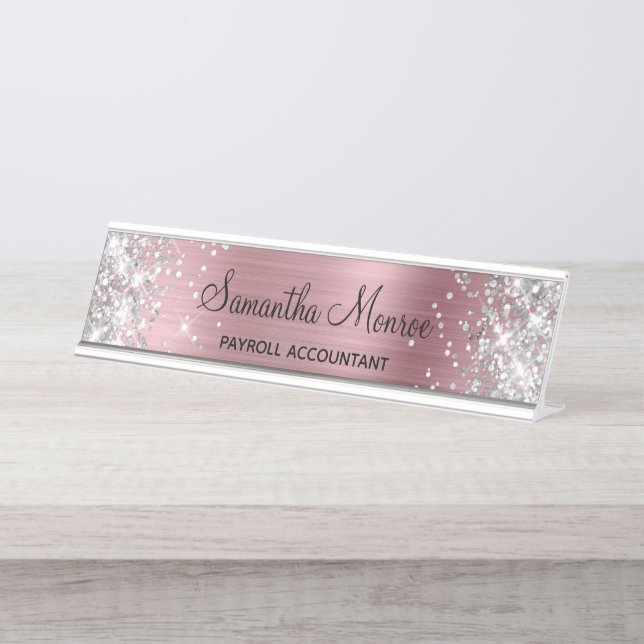 Porte-nom Pour Bureau Paillettes Argent Rose Pâle Feuille (Devant)