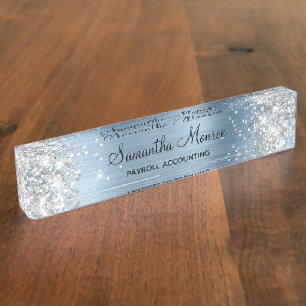 Porte-nom Pour Bureau Paillettes Argentées Bleu Clair Feuille