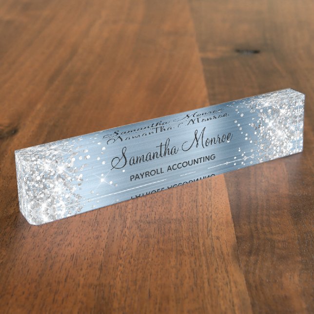 Porte-nom Pour Bureau Paillettes Argentées Bleu Clair Feuille (Taille)