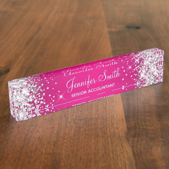 Porte-nom Pour Bureau Paillettes Argentées Brillantes Dégradé Rose Chaud (Taille)