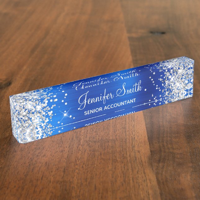 Porte-nom Pour Bureau Paillettes Argentées Faux Bleu Royal (Taille)