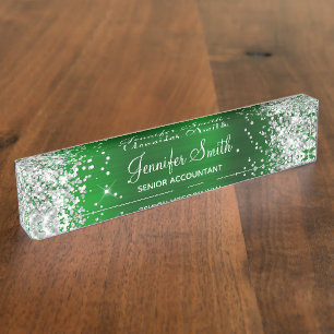 Porte-nom Pour Bureau Paillettes argentées girly fausse émeraude verte