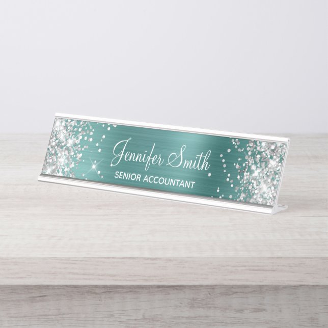 Porte-nom Pour Bureau Paillettes argentées girly fausses aqua sarcelle (Devant)