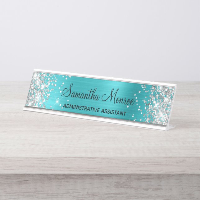 Porte-nom Pour Bureau Paillettes Argentées Turquoise Bleu Feuille (Devant)