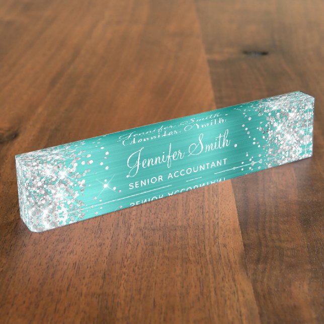 Porte-nom Pour Bureau Paillettes Argentées Turquoise Clair Féminin (Taille)