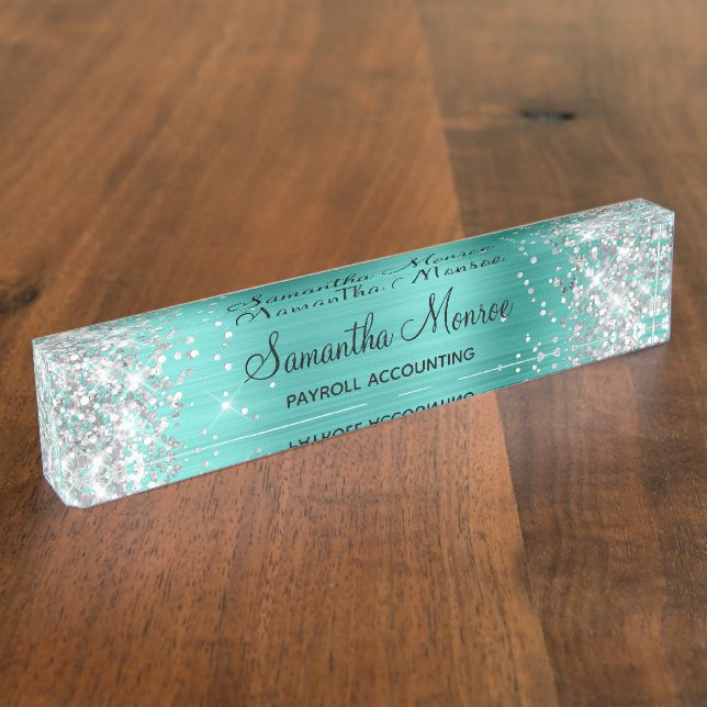Porte-nom Pour Bureau Paillettes Argentées Turquoise Feuille (Taille)
