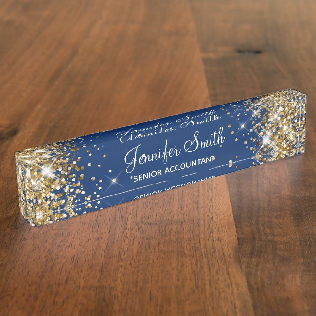Porte-nom Pour Bureau Paillettes dorées féminines bleu marine (Taille)
