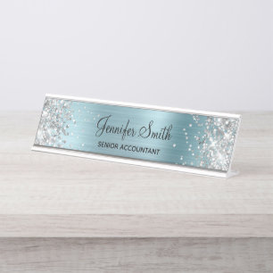 Porte-nom Pour Bureau Paillettes Féminines Argentées Faux Papier Alumini