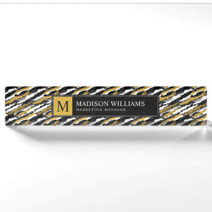 Porte-nom Pour Bureau Paillettes noires et or motif animal zèbre blanc
