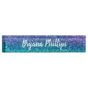 Porte-nom Pour Bureau Paillettes Violet Lavande & Vert Aqua