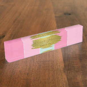 Porte-nom Pour Bureau Paint Gold Stroke Colorée Mint Pink Stripes