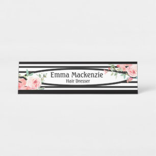 Porte-nom Pour Bureau Panneau de bureau Fleurs Floral Noir et Blanc