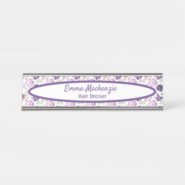 Porte-nom Pour Bureau Panneau de fleurs violettes de la station florale  (Devant)