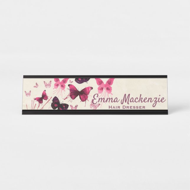 Porte-nom Pour Bureau Panneau de nom de bureau violet papillons Station (Devant)