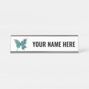 Porte-nom Pour Bureau Papillon aux plumes de paon vert