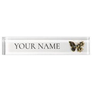 Porte-nom Pour Bureau Papillon fleur d'or avec orchidée noire