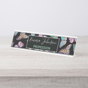 Porte-nom Pour Bureau Papillons d'aquarelle couleur noire