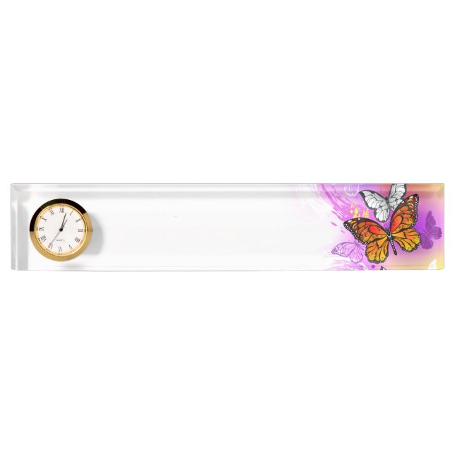 Porte-nom Pour Bureau Papillons Monarque sur Arrière - plan pourpre (Devant)