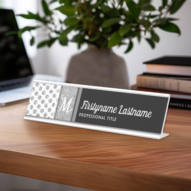 Porte-nom Pour Bureau Parties scintillant Argent Polka Dot Monogramme pe (Personalized Name Plate with Custom Name)