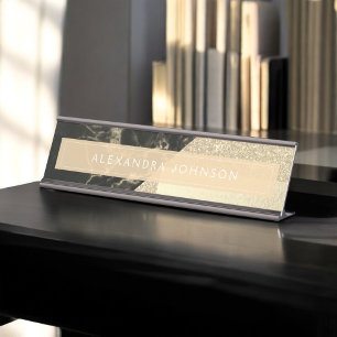 Porte-nom Pour Bureau Parties scintillant d'étincelle d'or et marbre noi