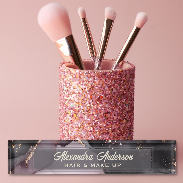 Porte-nom Pour Bureau Parties scintillant en or rose noir marbre Abstrai (Pink Black Gold Glitter Agate Marble Abstract Desk Name Plate)