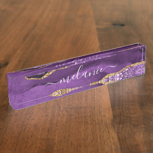 Porte-nom Pour Bureau Parties scintillant en or violet marbre bureau per