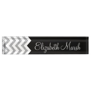 Porte-nom Pour Bureau Parties scintillant noire et argent Imprimer Chevr