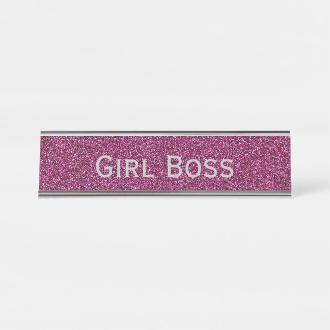 Porte-nom Pour Bureau Parties scintillant rose et Argent fille Boss Drôl (Devant)
