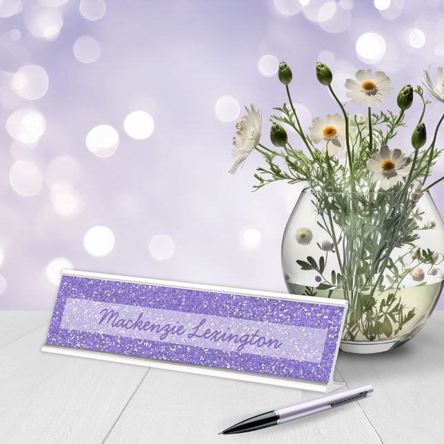 Porte-nom Pour Bureau Parties scintillant violet personnalisable | Chic  (Customizable Purple Glitter | Chic Sparkle Desk Name Plate)