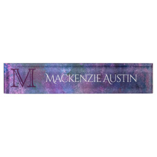 Porte-nom Pour Bureau Pastel Splatter | Monogramme rose violet bleu vert