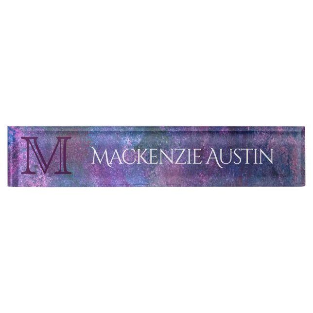 Porte-nom Pour Bureau Pastel Splatter | Monogramme rose violet bleu vert (Devant)