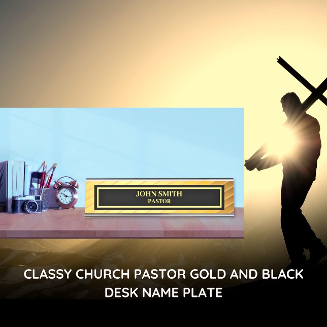 Porte-nom Pour Bureau Pasteur d'église élégant Or et Noir (PLEASE NOTE: The foil elements are simulated and will not be used in the making of this product.)