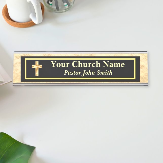 Porte-nom Pour Bureau Pasteur Eglise Or et noir (Church Pastor Gold And Black Desk Name Plate)