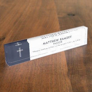 Porte-nom Pour Bureau Pastor Modern Minimal Cross Scripture Marine