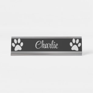 Porte-nom Pour Bureau Paw Chien Argent sur arrière - plan noir