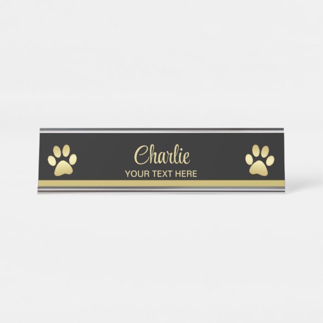 Porte-nom Pour Bureau Paw chien brillant or sur arrière - plan noir (Devant)