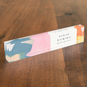 Porte-nom Pour Bureau Paysage de montagne abstrait boho rose bleu orange