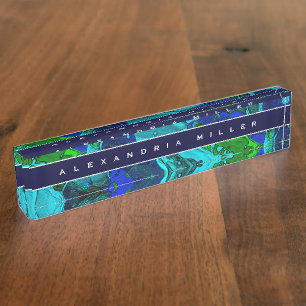 Porte-nom Pour Bureau Peinture bleu Abstraite artistique