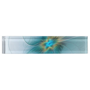 Porte-nom Pour Bureau Petite Beauté Moderne Bleu Or Fractal Art Flower
