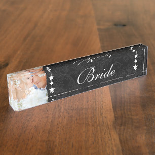 Porte-nom Pour Bureau Photo Black Damask Bride Mariage Inséparable