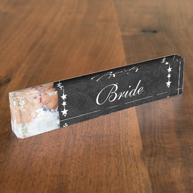 Porte-nom Pour Bureau Photo Black Damask Bride Mariage Inséparable (Taille)