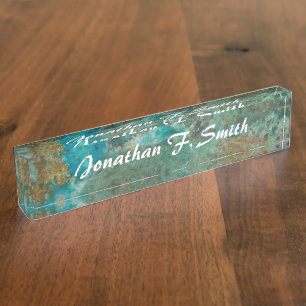 Porte-nom Pour Bureau Photo en pierre de Chrysocolla bleue personnalisé