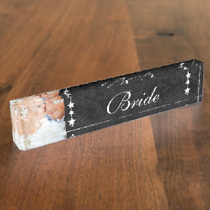 Porte-nom Pour Bureau Photo Mariage Oiseaux de l'Amour Damassé Noir