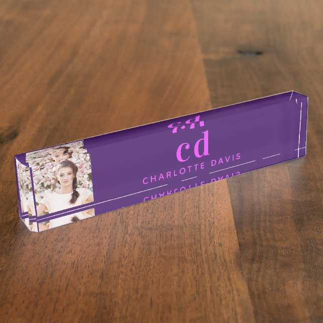 Porte-nom Pour Bureau Photo violet rose monogramme initiales élégant (Taille)