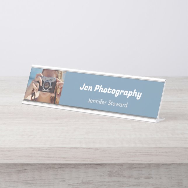 Porte-nom Pour Bureau Photographe bleu sur mesure (Devant)