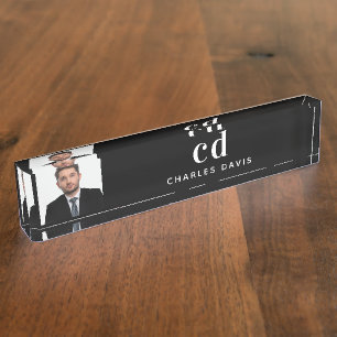 Porte-nom Pour Bureau Photographie noir blanc monogramme initiales