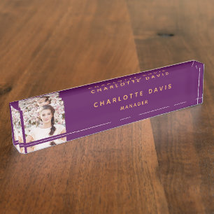 Porte-nom Pour Bureau Photos violet or monogramme minimaliste
