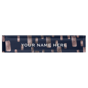 Porte-nom Pour Bureau Pinceau Moderne Rose Gold et Bleu Nuit Pailleté