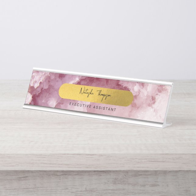 Porte-nom Pour Bureau Pink Gold Foil Sea Crystals Signature Script (Devant)